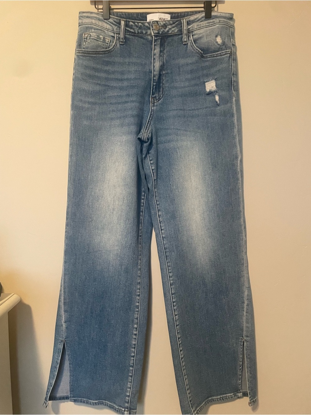 Women’s Light Blue Wide-Leg Distressed with cute slit Jeans